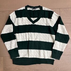 Brandy Melville V-Neck Sweater in Dark Green and White